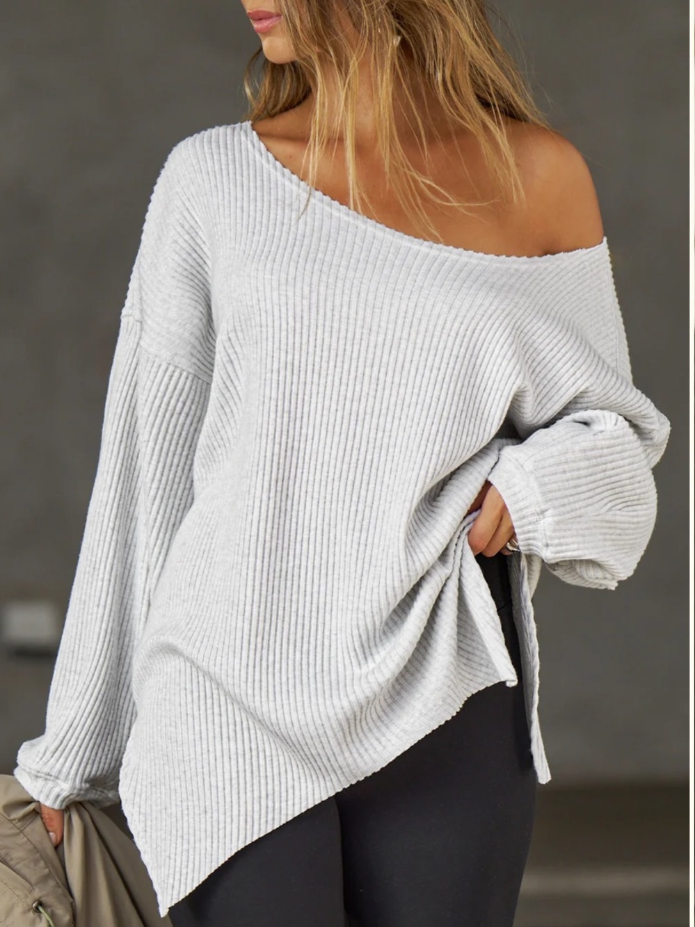 NWT New with Tags Joah Brown Off Shoulder Pearl Grey Knit Tunic Shirt